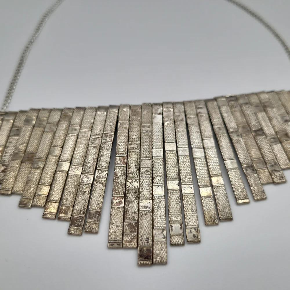 Vintage Silver Fringe Necklace Statement Bib Industrial Modern Patina - Picture 4 of 8